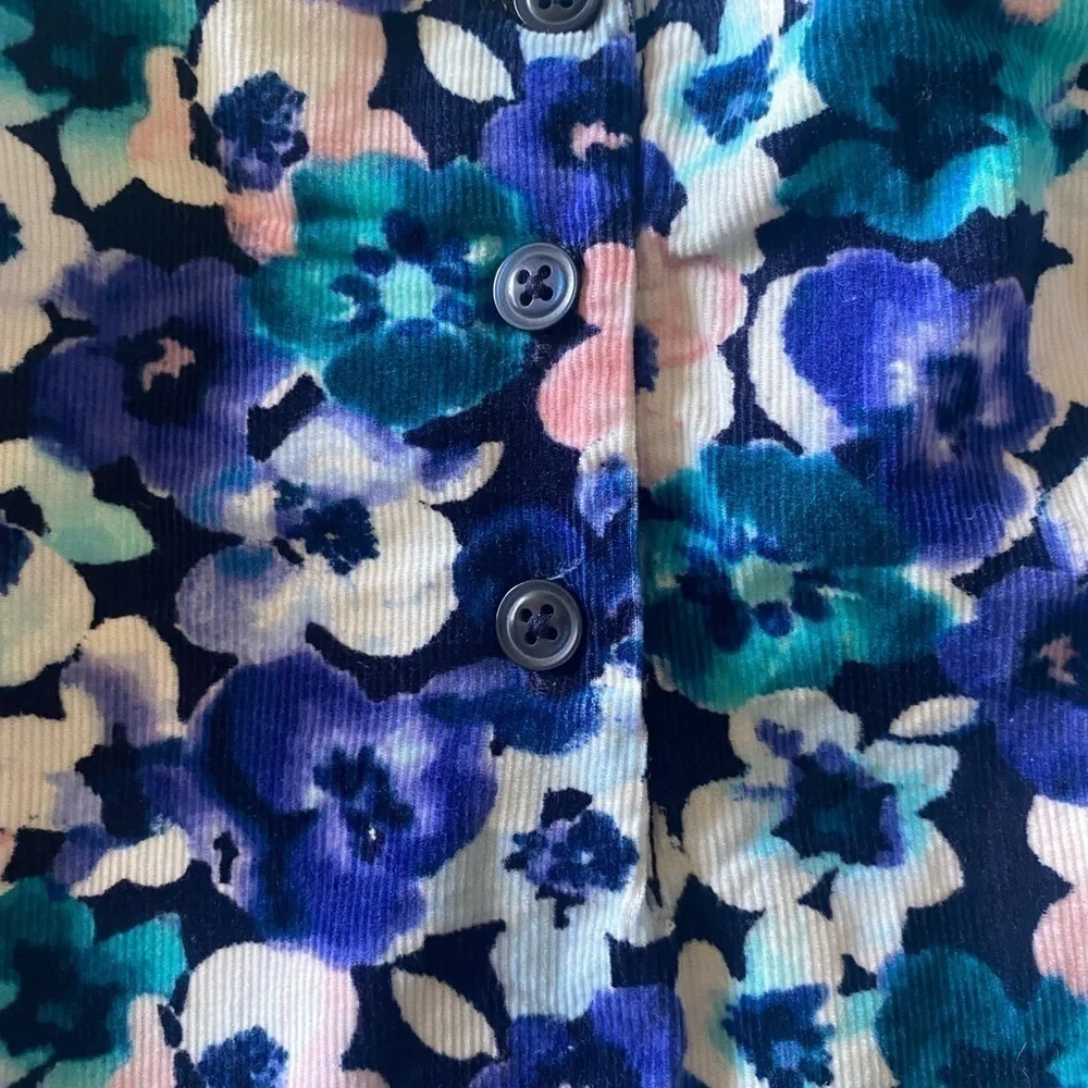 GYMBOREE, girls stunning dress, blue floral corduroy, 3 button back